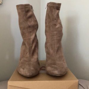 Bonnibel Suede-like Taupe Booties with Stacked Chunky Heel Size 6.5